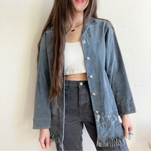 Vintage Char Blue Suede Genuine Leather Fringe Jacket - Picture 1 of 16
